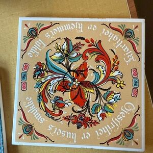 Norwegian Decorative Floral Tile with Script